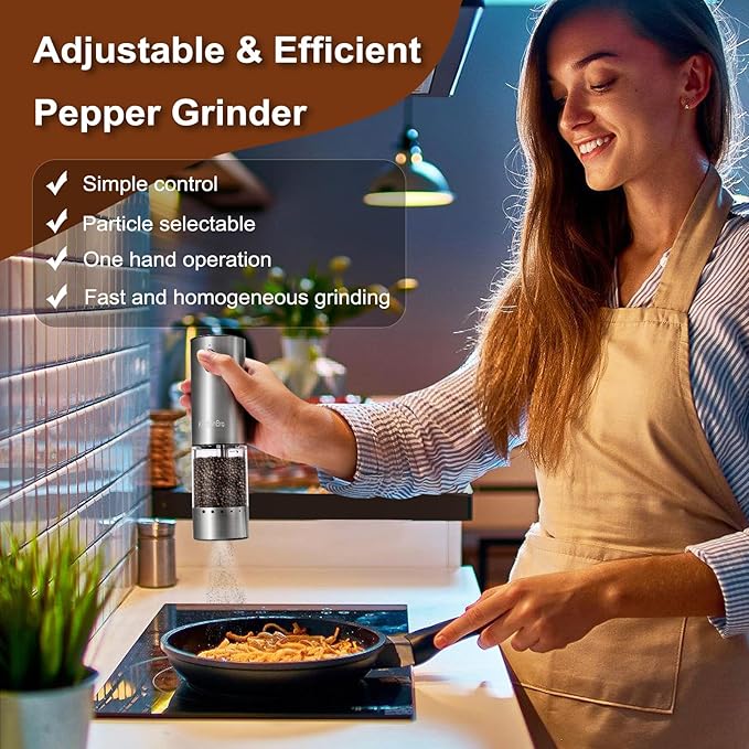 Electric Salt and Pepper Grinder 6 Levels Adjustable Coarseness Refillable Stainless Steel Auto Salt and Pepper Grinder Mill Usb Rechargeable with Lights(1Pack)