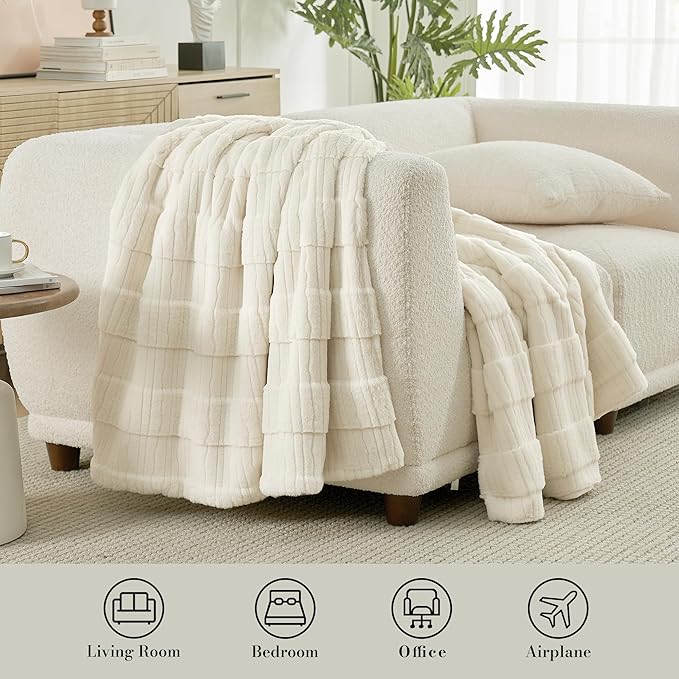 Am챕lie Home Luxury Striped Faux Fur Throw Blanket for Couch, Soft Cozy Fuzzy Fluffy Soft Plush Blankets Sofa Chair Gift Blankets for Women, 60"x80", Ivory