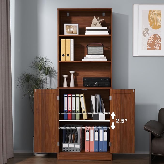 75" Tall Bookcase with Doors, 5 Tier Large Bookshelf with Cabinet, Standing Wood Display Book Shelf for Living Room, Office, Library with Doors, Brown