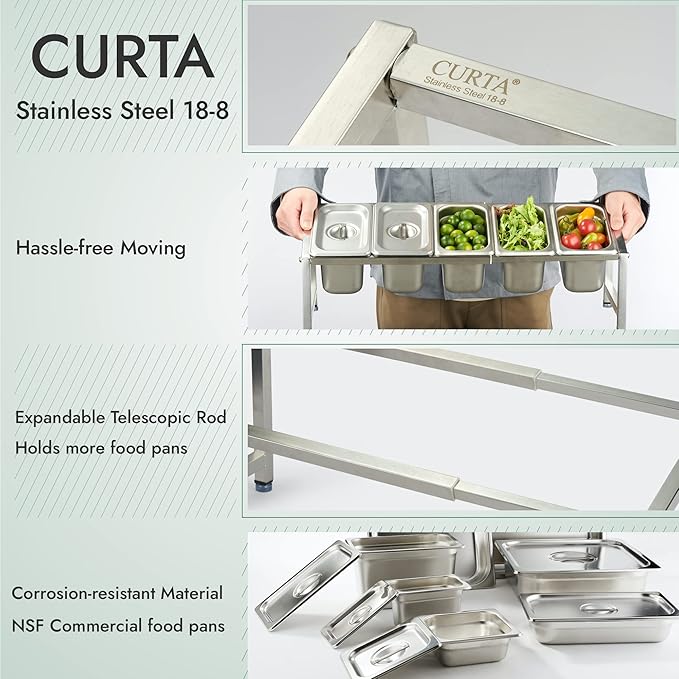 CURTA Expandable 18/8 Stainless Steel Spice Rack Set, NSF Certified, 1-Tier Inclined Organizer Shelf with 5 1/9 4??Pan&Lid, 13.8" - 23.6" Adjustable, Countertop Holder for Seasoning Ingredients