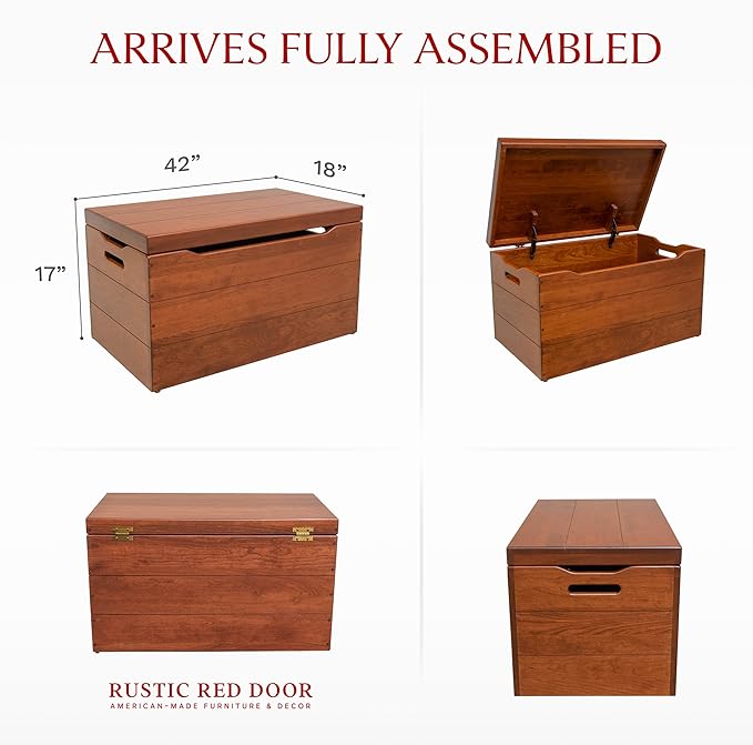 Hope Woodworking Amish Made Wooden Storage Chest Trunk Box with Lid and Handles for Bedroolanket, Clothes, Anti-Slam Hinges, Handmade, Rustic, Cherry Wood, Cherry Stain, 42"