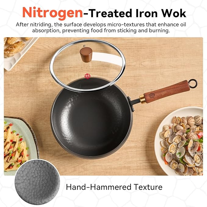 WANGYUANJI Wrought Iron Flat Bottom Wok with Glass Lid ??Detachable Wooden Handle, Non-Coated Naturally Nonstick Frying Pan for Gas, Electric & Induction Stoves (Black Deep-Bowl Wok, 9.5 inch)