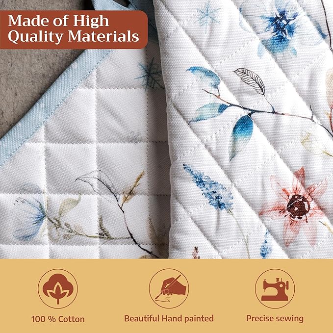 Maison d' Hermine 100% Cotton Oven Mitt & Pot Holder Set (7.5"x13" & 8"x8") Heat Resistant BBQ Cooking Gloves with Loop for Thanksgiving Christmas Decorations Handling Hot Pans (Ice Florals)