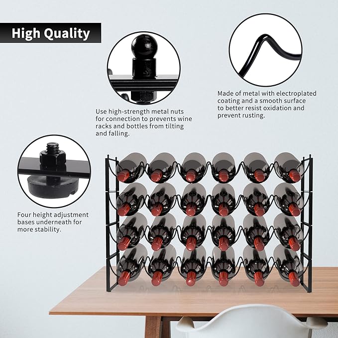 TONLEA 4 Tier Wine Rack - 3-in-1, Stackable, 24-Bottle Wine Storage Rack for Cabinet or Pantry (Dark Black, Version 3.0)