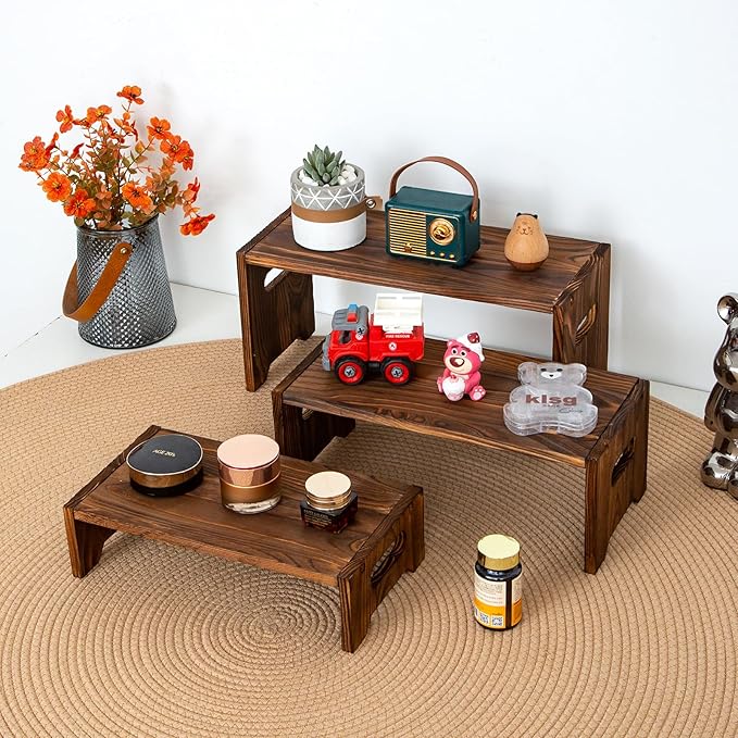 Set Of 3 Vintage Black Wooden Display Risers, Wood Cake Stands for Birthday Party,Wood Tiered Stands, Cupcake Stand For Weddings, Display Stand Size:15.7-14.1-12.6IN