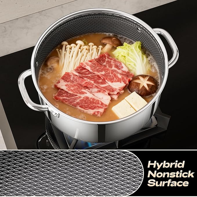Hybrid Nonstick 4-Quart Stockpot,9.5 Inch Stainless Steel Stockpot with Glass Lid,PFAS PFOA PTFE Free, Dishwasher-Friendly,Oven-Safe Up to 600째F,Non-stick Soup Pot Compatible with All Cooktops