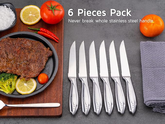 WELLSTAR Serrated Steak Knife Set of 6, Razor Sharp German Steel Blade 4.75 inch and Comfortable Stainless Steel Hollow Handle Durable Diner Table Knives Pack for Home Restaurant