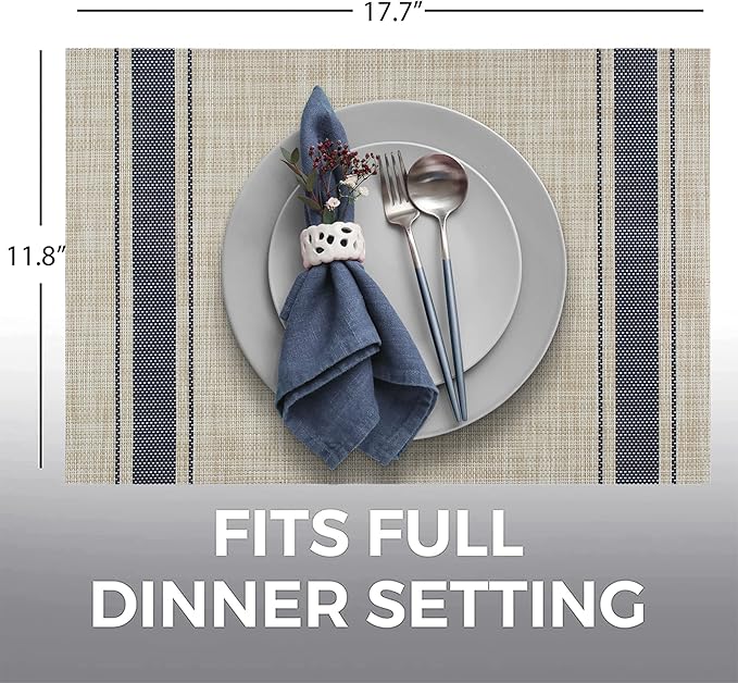 More D챕cor Dining Table Placemats, Washable Heat-Resistant PVC Vinyl Table Mats for Dining Room and Kitchen, Anti-Slip - Set of 4 - Vertical Striped Blue - Grey