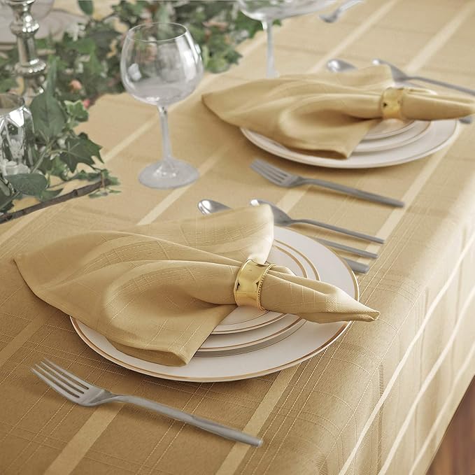 Newbridge 52 x 70 Inch Rectangle Fabric Tablecloth, Elegance Plaid, 100% Polyester, No Iron Soil Resistant Dining Room, Party and Banquet Table Cover, Solid Textured, Ribbon Gold