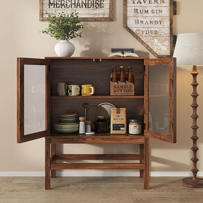 Sideboard Buffet Cabinet with Storage, Small Kitchen Coffee Wine Bar Cabinet with Glass Press-to-Open Doors, Wood Mid Century Modern Side Board Table for Dining Room, Living Room, Walnut