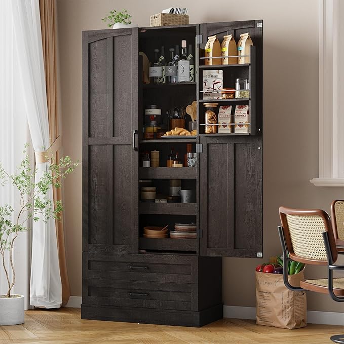 ONBRILL 71" Tall Farmhouse Kitchen Pantry Cabinet with 3 Pull Out Shelves & 2 Large Drawers, Pantry Storage Cabinet with 6 Door Shelf & Adjustable Shelf, Freestanding Cupboard for Kitchen, Dining Room