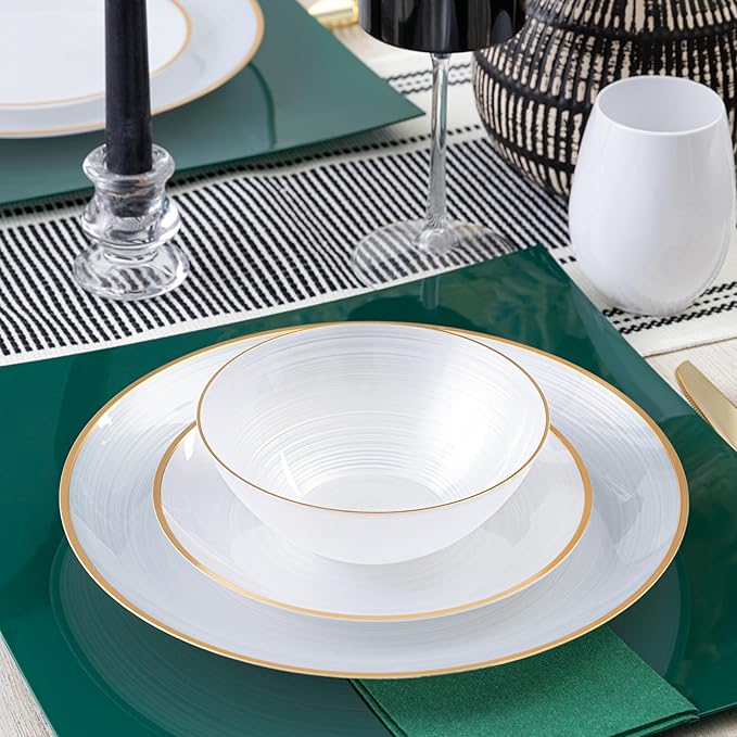 PLASTICPRO 32 Pieces Crystal Design Plastic Plates Combo Pack 7 inch and 10 inch Gold Rim Elegant Disposable Plates, Pearl White