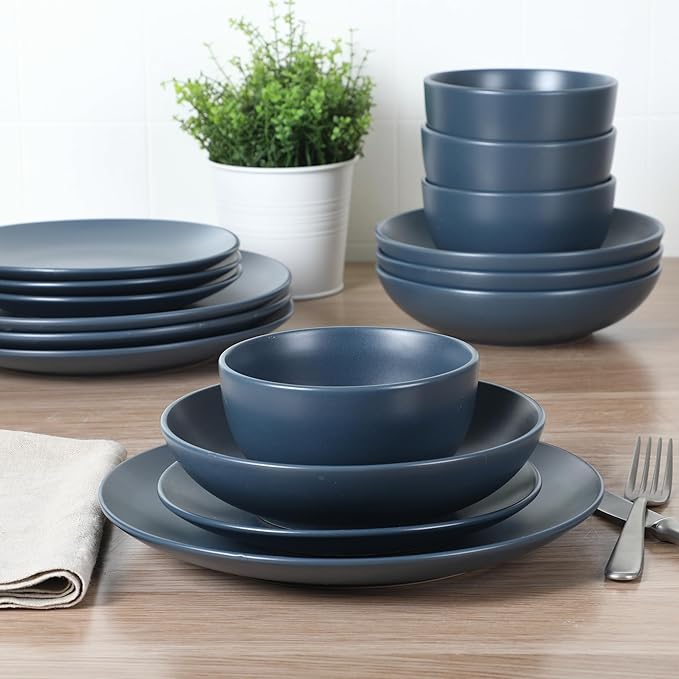 Gibson Home Queenslane 16-Piece Matte Blue Stoneware Dinnerware Set ??Double Bowl Plates and Bowls, Durable Kitchen Dinner Set