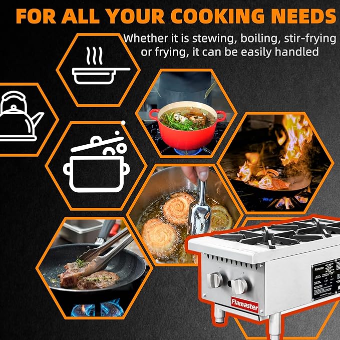 2 Burner Commercial Hot Plate, 12" Countertop Gas Stove Stainless Steel Natural Gas Range with Propane Conversion Kit Cooking Equipment for Restaurant Kitchen-50000 BTU