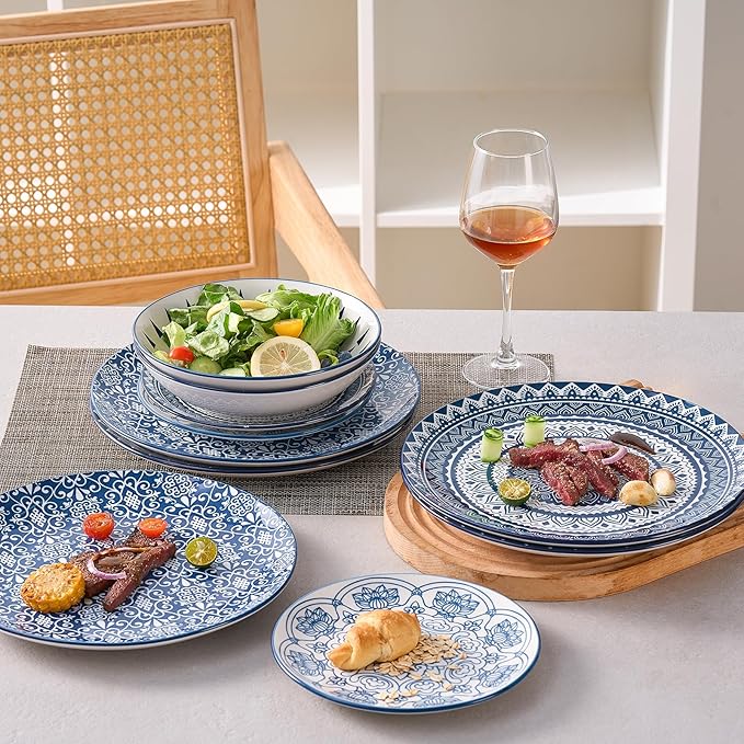 Bestone Porcelain Dinnerware Sets Service for 4, 12 pcs Hand drawn Plates and Bowls Sets, Handmade Ceramic Dish Set, Chip Resistant Modern Plate Set, Dishwasher/Microwave Safe竊똙intage Blue