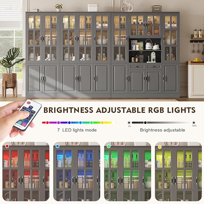 MEISSALIVVE 78.7" Tall Pantry Cabinet with LED Lights, Freestanding Kitchen Pantry with Glass Doors, Large Food Storage Cabinet, Gery (63" W x 15.7" D)