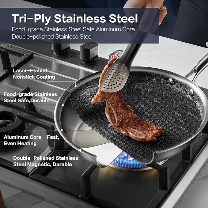 Non Stick Frying Pan Set, 8, 10 and 12-Inch Hybrid Non Toxic Fry Pan Skillet with Lids, Dishwasher and Oven Safe, Induction Ready, Silver Kitchen Cookware set (8-Piece Set)