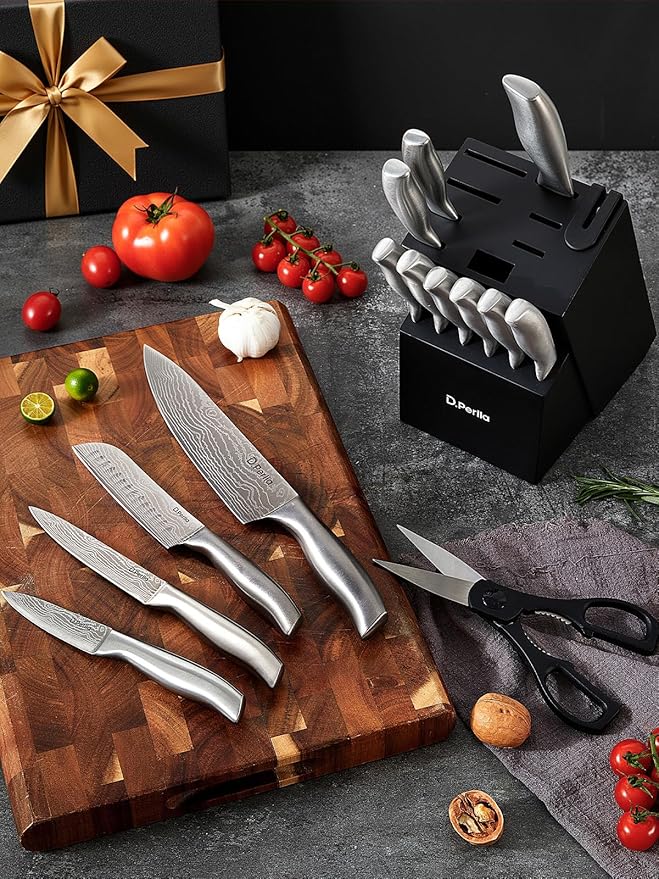 Knife Set, 16 PCS D.Perlla Kitchen Knife Set with Block and Sharpener, High Grade Stainless Steel Knife Set, Ultra Sharp & Rust Resistant Knives, Black