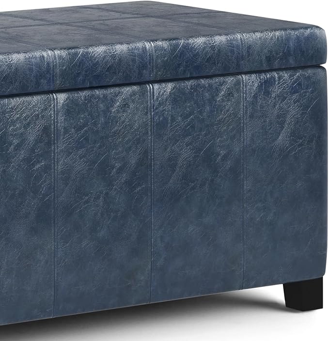 SIMPLIHOME Dover Storage Ottoman Bench - 36 inch Wide Upholstered Vegan Leather Rectangular Lift-Top Ottoman in Denim Blue, Contemporary Bench for Living Room with Safety Hinges