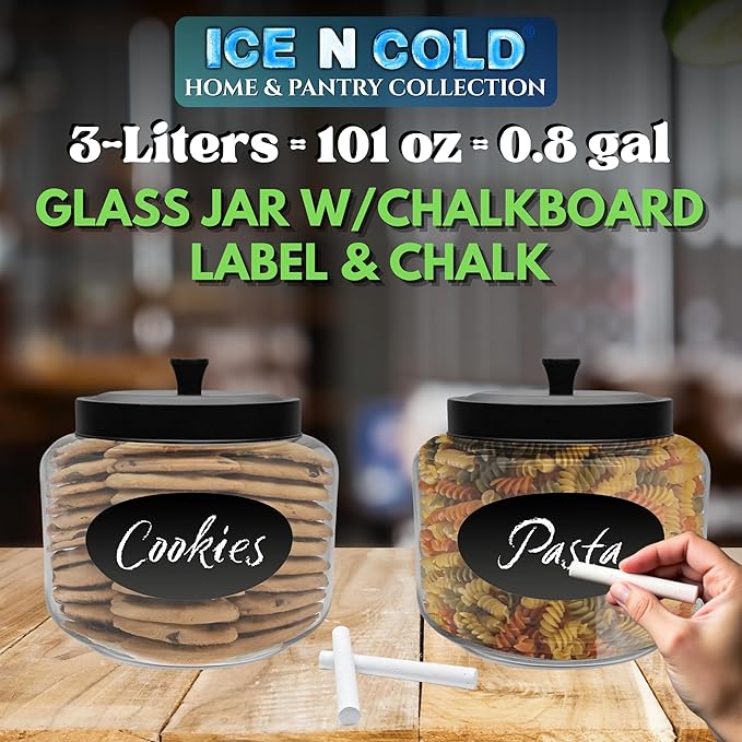 Kitchen and Laundry Storage Glass Jar ??Wide Mouth Round Glass Storage Container with Black Steel Lid and Chalkboard Label - 2 Sticks of Chalk Included (1, 3L | 101oz | 0.8 Gallon)