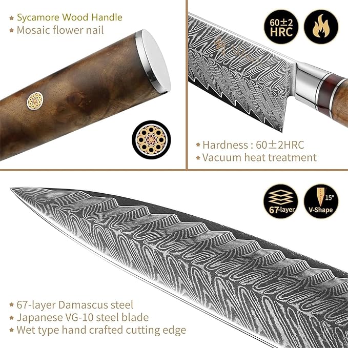 Wakoli Damascus Chef Knife Set with Magnetic Block ??5-Piece Professional Kitchen Knife Block Set, Genuine 67-Layer Damascus Steel Blades with VG10 Core & Ergonomic Sycamore Wood Handles
