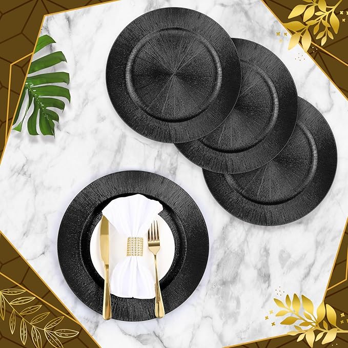 Tanlade 100 Pcs Charger Plates Bulk, 13 Inch Plastic Round Charger Dinner Plates Elegant Wedding Serving Plate for Event Tabletop Wedding Party Bridal Baby Shower Decor (Black)