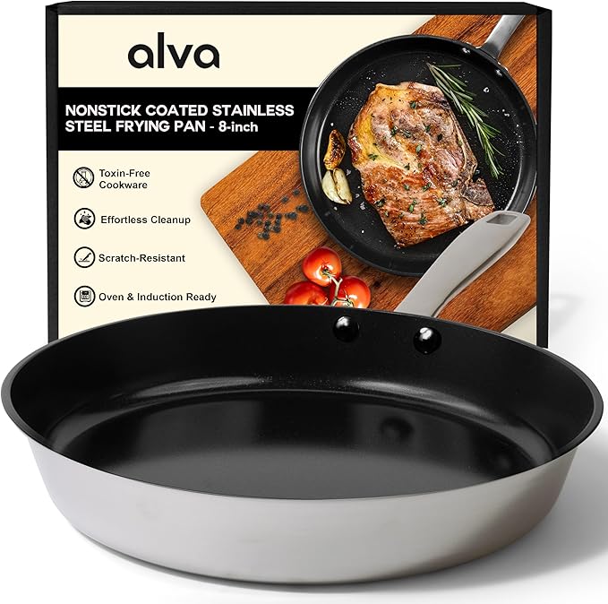 Alva Maestro 8-Inch Stainless Steel Nonstick Frying Pan ??Made Without PFAS, PFOA & PTFE Ceramic Coating ??Reinforced 5-Ply Aluminum Core, Oven & Induction Safe for Even Heat, Easy to Clean Coating