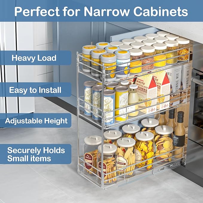 ROOMTEC Pull Out Spice Rack for Narrow Cabinet (8" W X 20쩍" D),3 Tier Heavy Duty Sliding Spice Cabinet Organization Shelf Racks, Pull Out Shelves Under Cabinet Storage for Kitchen