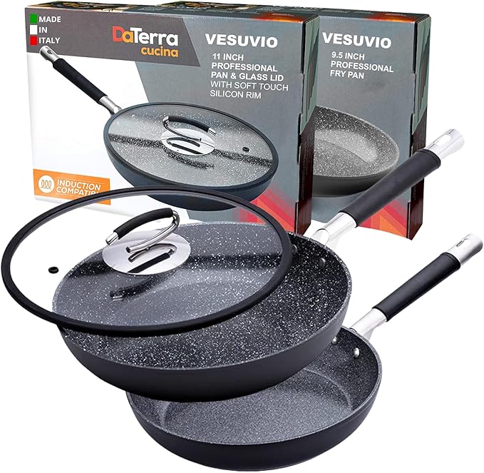 DaTerra Cucina Nonstick 2-Piece Induction Frying Bundle ??9.5" Ceramic Fry Pan & 11" Ceramic Frying Pan with Lid ??Oven & Induction Safe, Nonstick Cookware, PTFE & PFOA Free - Made in Italy, Black