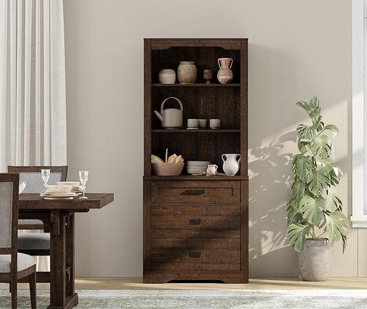 WAMPAT 3 Tier Pantry Cabinet with Drawer,73.3" Tall Floor Standing Cupboard,Modern Farmhouse Display Kitchen Buffet with Adjustable Shelves for Dining Room,Living Room,Rustic Brown
