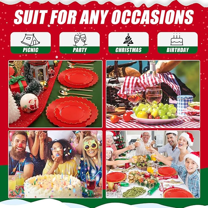 SUT 72 Pcs Red Christmas Plates Disposable, Red Plastic Plates With Gold Trim, 10.25 Inch red Dinner Plates, Fancy Plastic plates, plates Disposable Heavy Duty for Wedding, Parties, Christmas