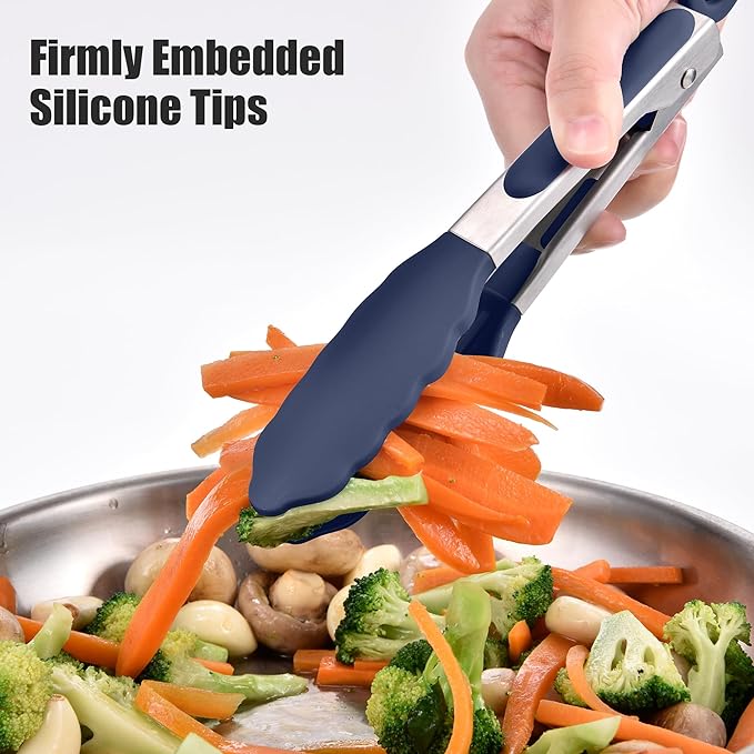 Doosu Kitchen Tongs for Cooking - 600째F Heat Resistant Food Tong with Non-Scratch Silicone Tips, Heavy Duty Stainless Steel Locking Tong for BBQ, Grilling Steak, Serving Salad Pasta (7in, Navy Blue)