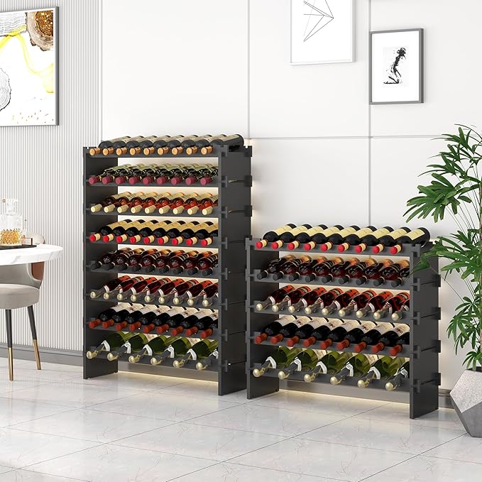 Wine Rack Freestanding Floor Bamboo Stackable Wine Storage Racks Wall Mounted, Modular Wine Bottle Stand Holder Display Shelf for Cabinet, Kitchen, Bar (Black)