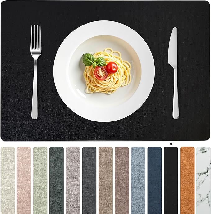 FROMHEART Faux Leather Placemats Set of 12?밯aterproof,Heat/Oil Stain-Resistant PU Table Mat?밨eversible,Non-Slip,Easy to Clean Place Mats for Kitchen,Dining,Indoor/Outdoor,(Black,11.8" x 17")