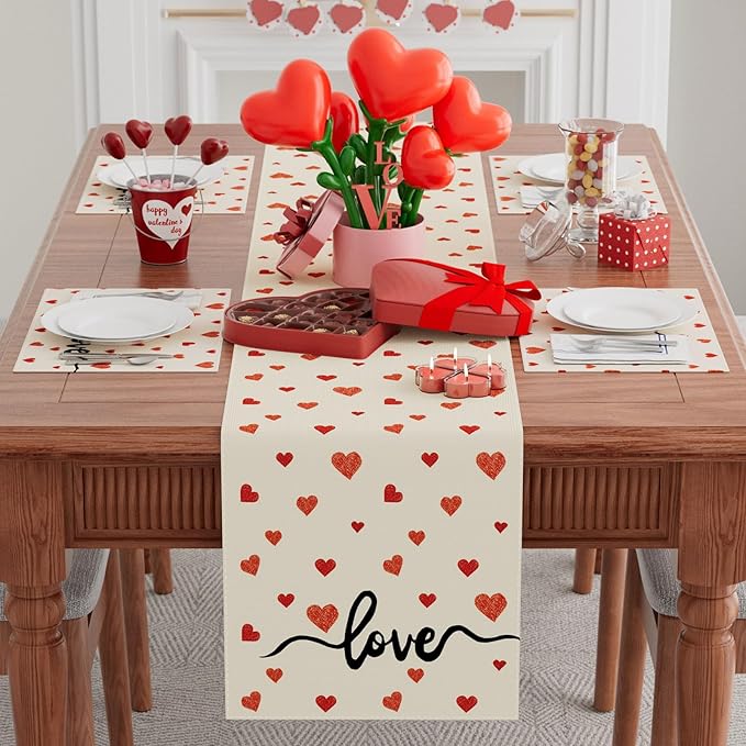 XCHI Red Little Love Hearts Valentine's Day Table Runner Table Decoration for Party Home Kitchen Dining Holiday Decor 13x108 Inch