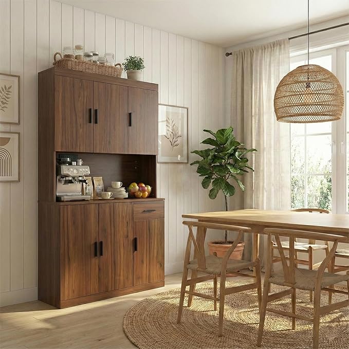 71 Inch Rustic Brown Pantry Cabinet with Power Outlet, Heavy-Duty Freestanding Kitchen Storage Organizer with Reinforced Frame, Pantry Hutch for Kitchen, Dining Room, Living Room