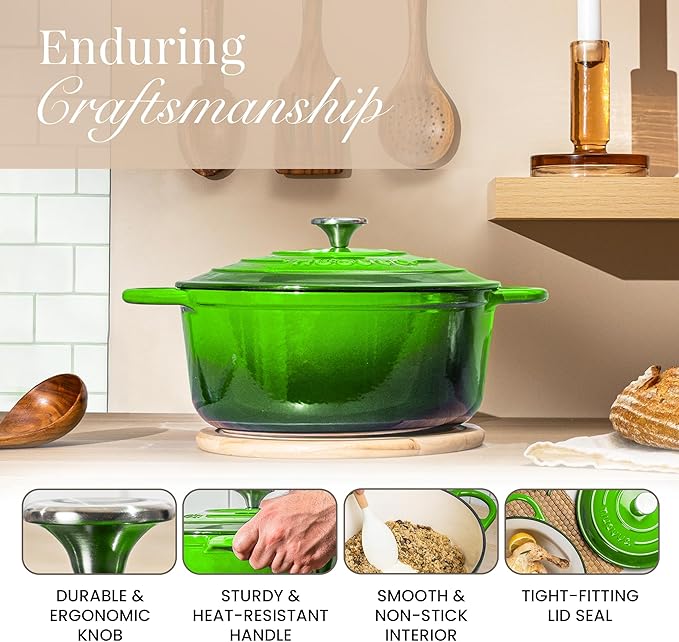 Nuovva Enamelled Cast Iron Dutch Oven Pot with Lid ??6.4 Quart Non Stick Casserole Pot ??Heavy Duty & Oven Safe up to 500째 F for Bread Baking, Braising, Stews, Roasting ??28cm Green