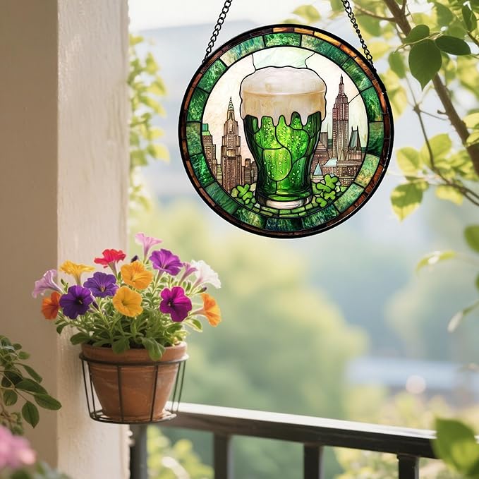 Stained Glass Window Hanging Green Clover City Large 15" - St. Patrick's Day Irish Decor Suncatcher Door Garden Sun Catcher Birthday Christmas for Woman Nana Friend Men