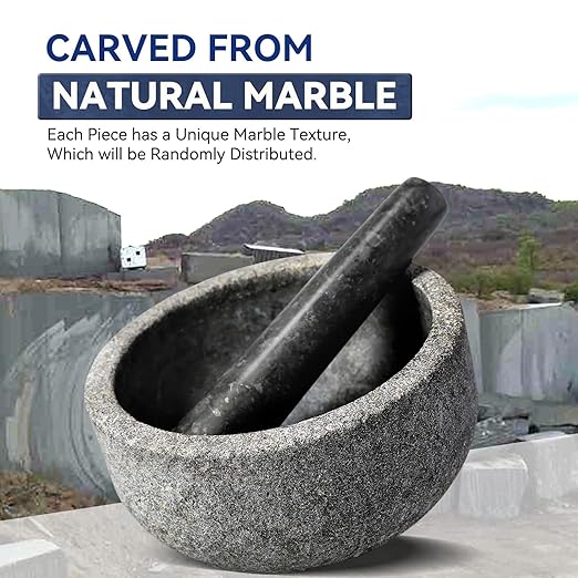Koville Granite Mortar and Pestle Set, 7"-4 Cups Unpolished Stone Grinder Bowl for Guacamole, Salsa, Pill Crusher, Spice, Herb, Garlic, Nut, Heavy Duty Grinder for Kitchen(Angola Silver Black)