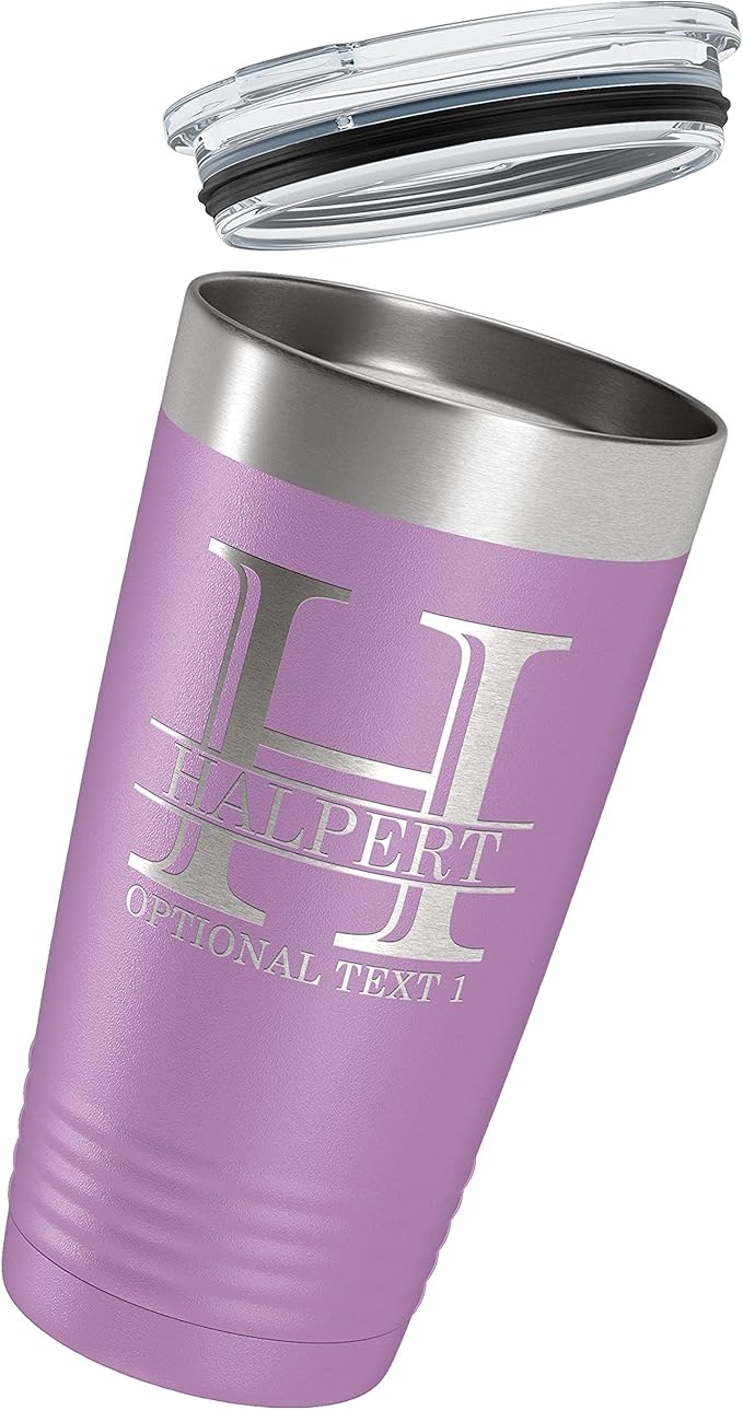 Personalized 20oz (17 Colors) Powder Coated Insulated Stainless Steel Tumbler with Lid, Custom Etched, Customized Engraved Gift Idea for Women Men Her Him, Halpert Monogram Initial Name (Light Purple)
