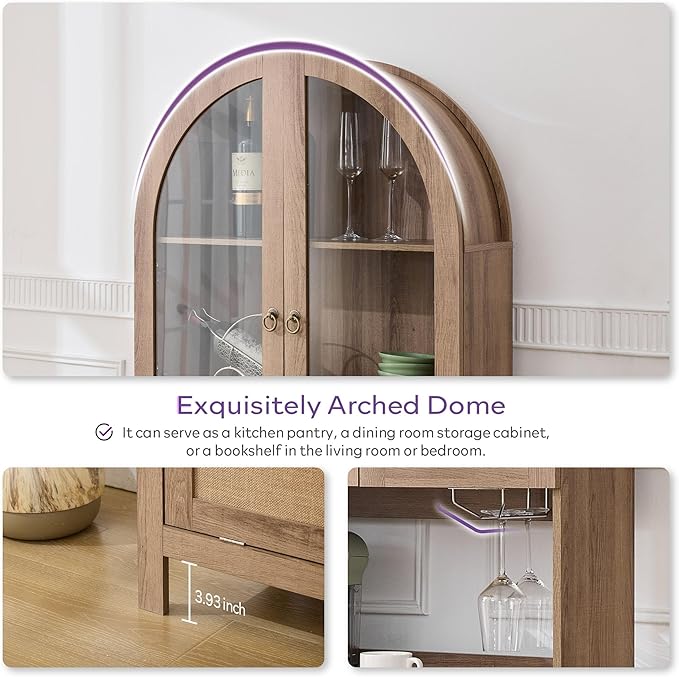 TYBOATLE 75'' Tall Arched Pantry Cabinet w/Accessible Storage Area, China Cabinet w/Anti-Tipping Device and Innovative Drawer, Versatile Cupboard for Kitchen, Dining (Natural)