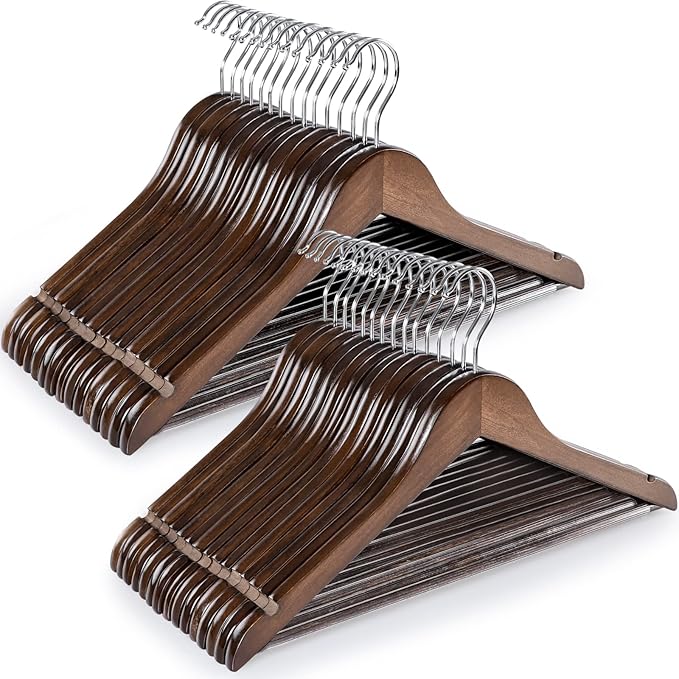 TOPIA HANGER Wooden Coat Hangers 30 Pack, Vintage Wood Suit Hangers with Non Slip Pants Bar, 360째 Swivel Hook and Shoulder Notches for Camisole, Jacket, Pants, Smooth Finish Clothes Hangers - CT34A30