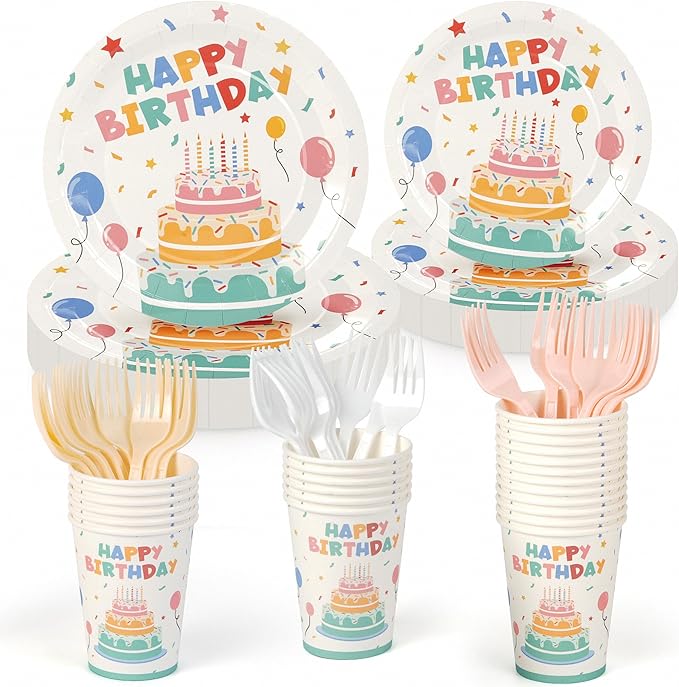 Childom 96 Pcs Birthday Party Supplies Set,Disposable Plates for Birthday Decorations,Paper Plates Cups Plastic Forks Dinnerware Sets for Parties,Party Tableware Set for Dinner,Outside,Picnic,Serve 24