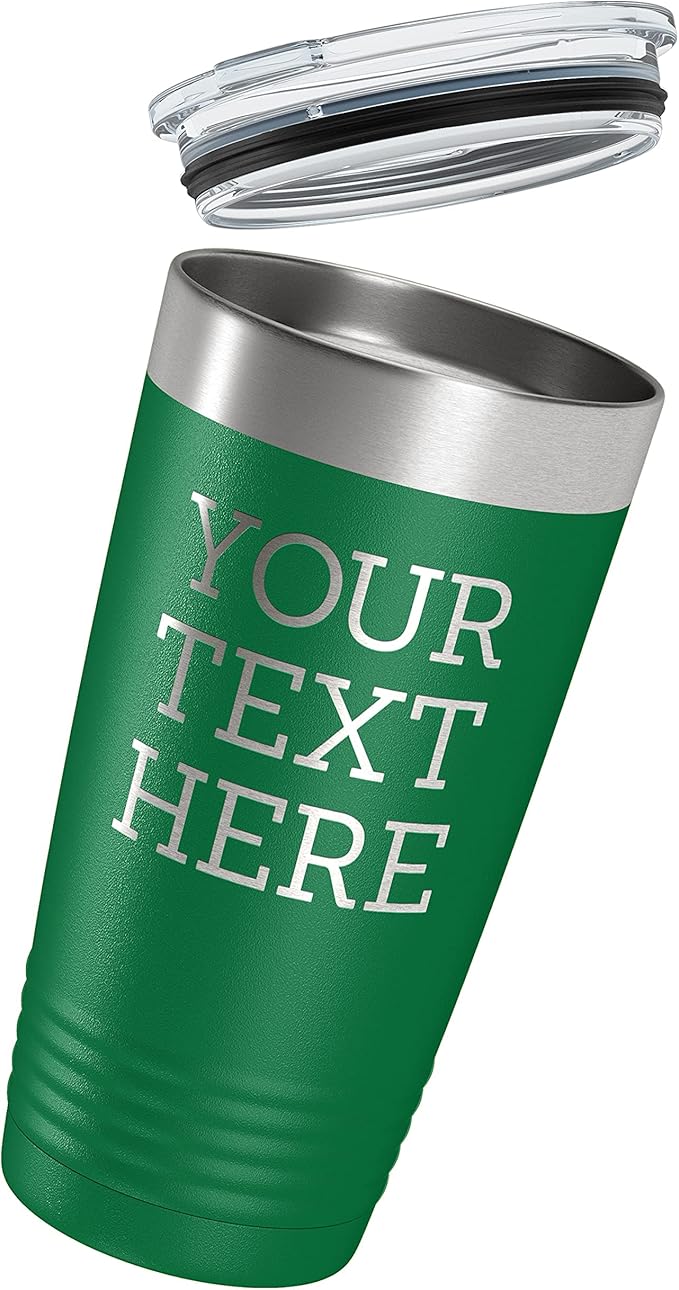 Personalized 20oz (17 Colors) Powder Coated Insulated Stainless Steel Tumbler with Lid, Custom Etched, Customized Text Message Name, Engraved Gift Idea Women Men Him Her, Your Text Here (Green)