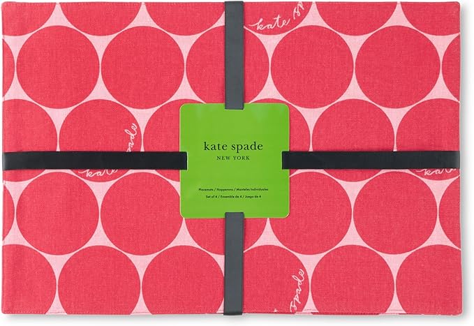 Kate Spade New York Joy Dot Placemats 4-Pack Set, Reversible, 100% Cotton, Machine Washable, Rose Pink/Red, 13"x19"