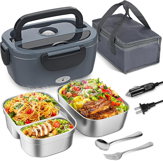 Vingud Electric Lunch Box for Adults, Heated Lunch Box with 2 Stainless Steel Container, 1.5L Portable 80W Food Warmer Lunch Box for Car/Truck/Work/Home Men, 110V/12V/24V/240V