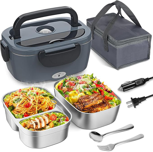 Vingud Electric Lunch Box for Adults, Heated Lunch Box with 2 Stainless Steel Container, 1.5L Portable 80W Food Warmer Lunch Box for Car/Truck/Work/Home Men, 110V/12V/24V/240V