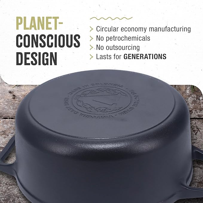 Victoria 6-Quart Cast Iron Dutch Oven with Lid and Dual Loop Handles, Seasoned with Flaxseed Oil, Made in Colombia,Black