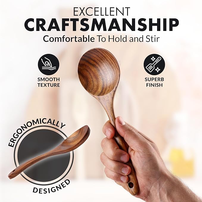 Zulay Kitchen 7-Piece Wooden Cooking Spoons Set ??Heat-Resistant, Smooth Teak Utensils with Comfort Grip ??Lightweight & Durable ??Easy to Clean, Perfect for Non-Stick Cookware