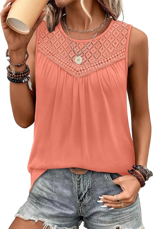 XIEERDUO Womens Tank Tops Sleeveless Lace Crochet Boho Tops Loose Fit Pleated Tunics Crewneck Summer Vacation Outfits Flowy